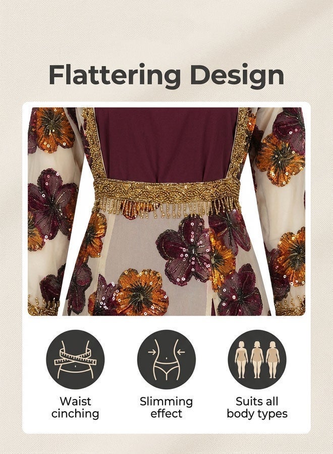 Ladies' Ramadan Elegant Chiffon Maxi Dress Formal Elegant Gown Party Long-Sleeved Dress Burgundy Floral Patchwork Formal Ankle-Length Cover-Up Dress - Image 5